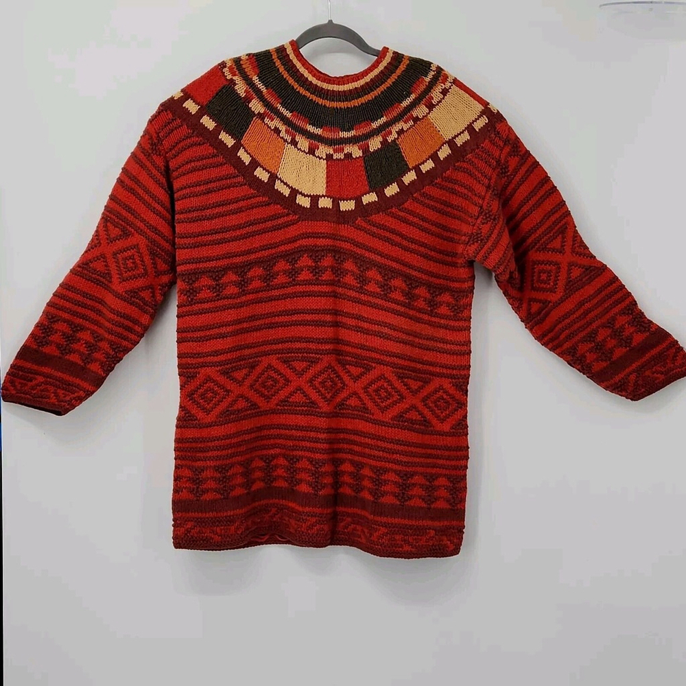 Womens Long Sweater Norwegian Style Large Fair Isle Aztec Autumn Fall Thick